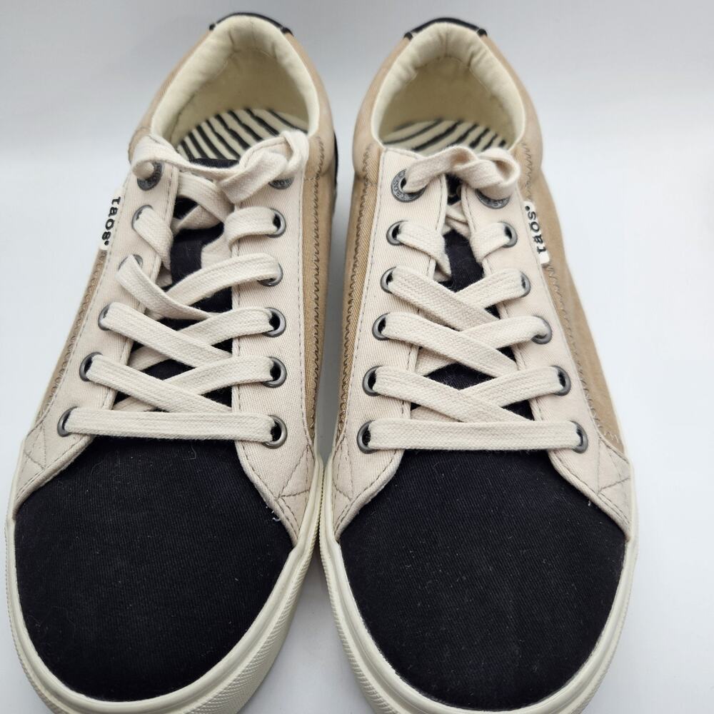 Taos Plim Soul Sneakers Womens Size 8W Black Tan Multi Canvas Lace Up Low Top